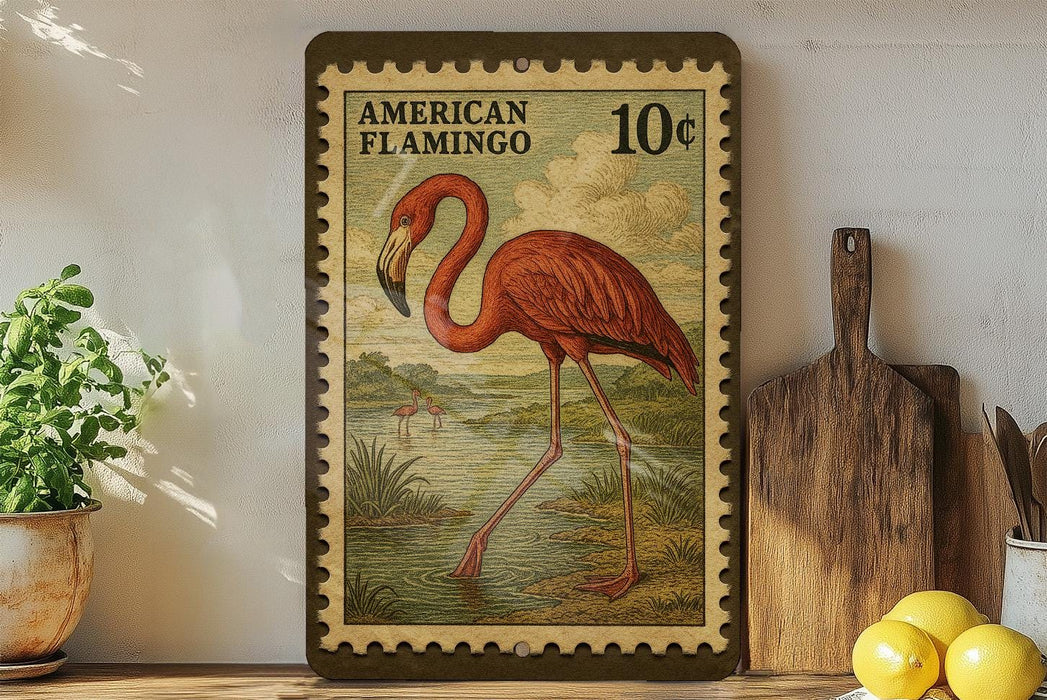 A framed stamp depicting an American flamingo, with a price of 10 cents, is displayed on a shelf next to a wooden cutting board and some lemons.