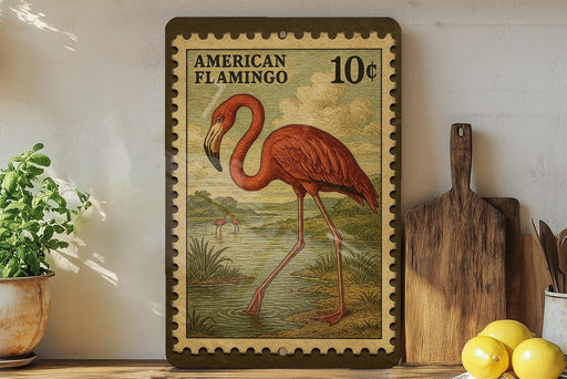 A framed stamp depicting an American flamingo, with a price of 10 cents, is displayed on a shelf next to a wooden cutting board and some lemons.