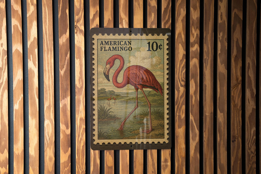 A stamp depicting an American flamingo, with the text "AMERICAN FLAMINGO" and the denomination "10¢".