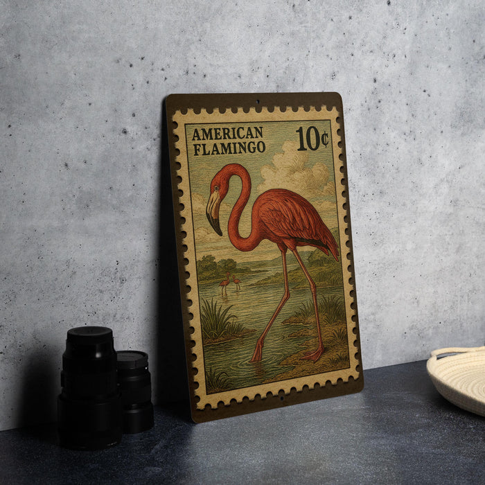 A metal stamp depicting an American flamingo, with a 10 cent value, is displayed on a table next to some black camera lenses.