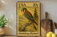A framed American Kestrel postage stamp is displayed on a shelf, with a potted plant, wooden cutting board, and lemons nearby.