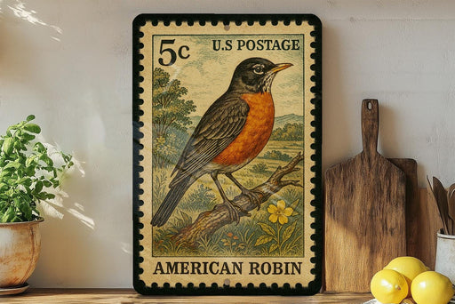 A vintage U.S. postage stamp featuring an illustration of an American robin perched on a branch, with a wooden cutting board and a potted plant in the background.