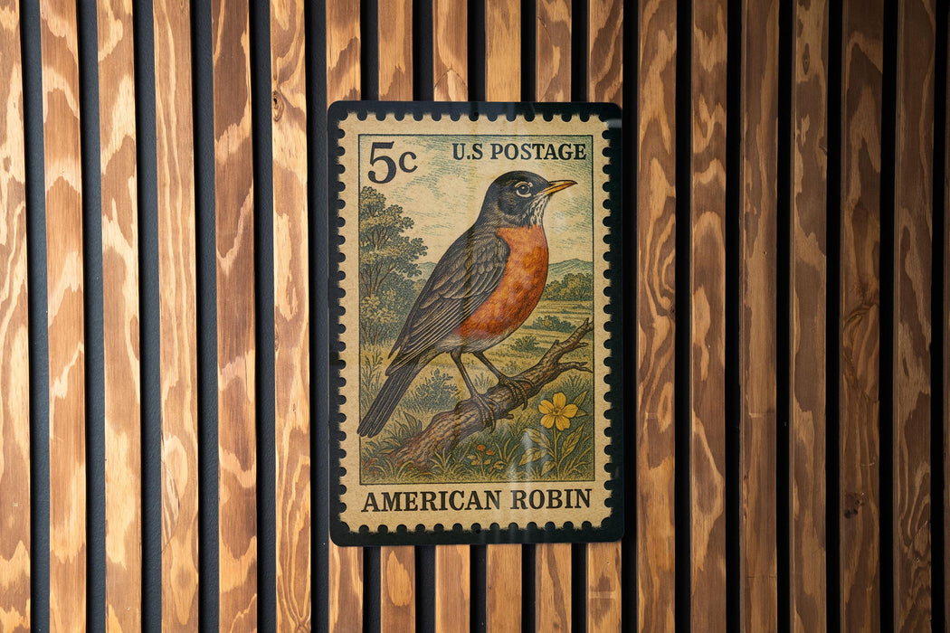 A U.S. postage stamp featuring an illustration of an American robin perched on a branch.