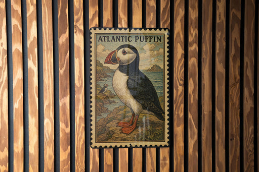A postage stamp featuring an illustration of an Atlantic puffin, a type of bird, is displayed on a wooden wall.