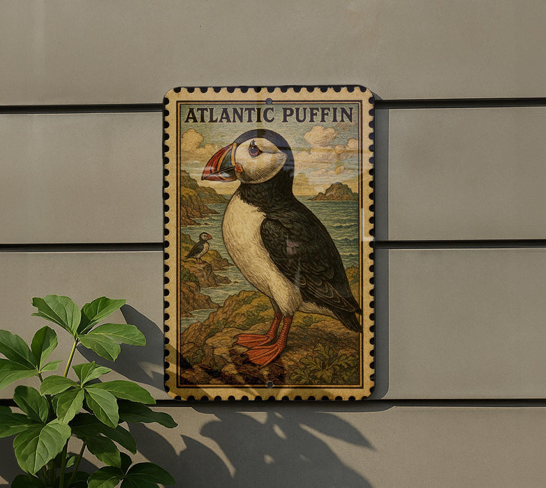 a decorative sign depicting an Atlantic puffin, a type of bird, with a pensive expression.