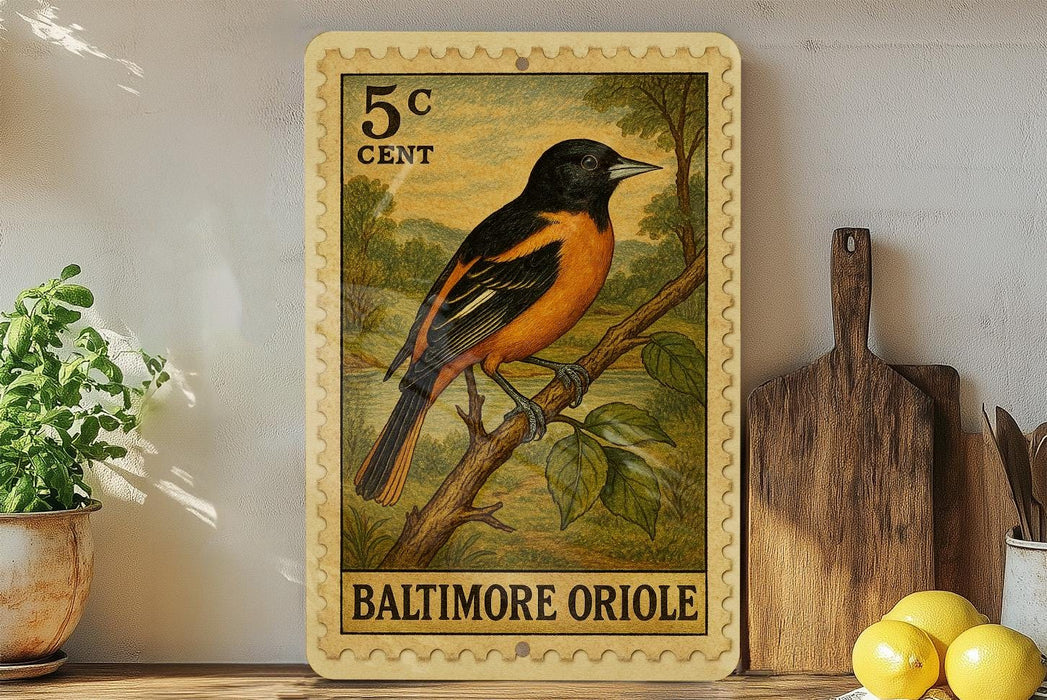 A Baltimore Oriole postage stamp is displayed on a shelf, surrounded by kitchen utensils and a potted plant.