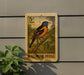 A Baltimore Oriole postage stamp is displayed on a wall, featuring a detailed illustration of the bird perched on a branch.