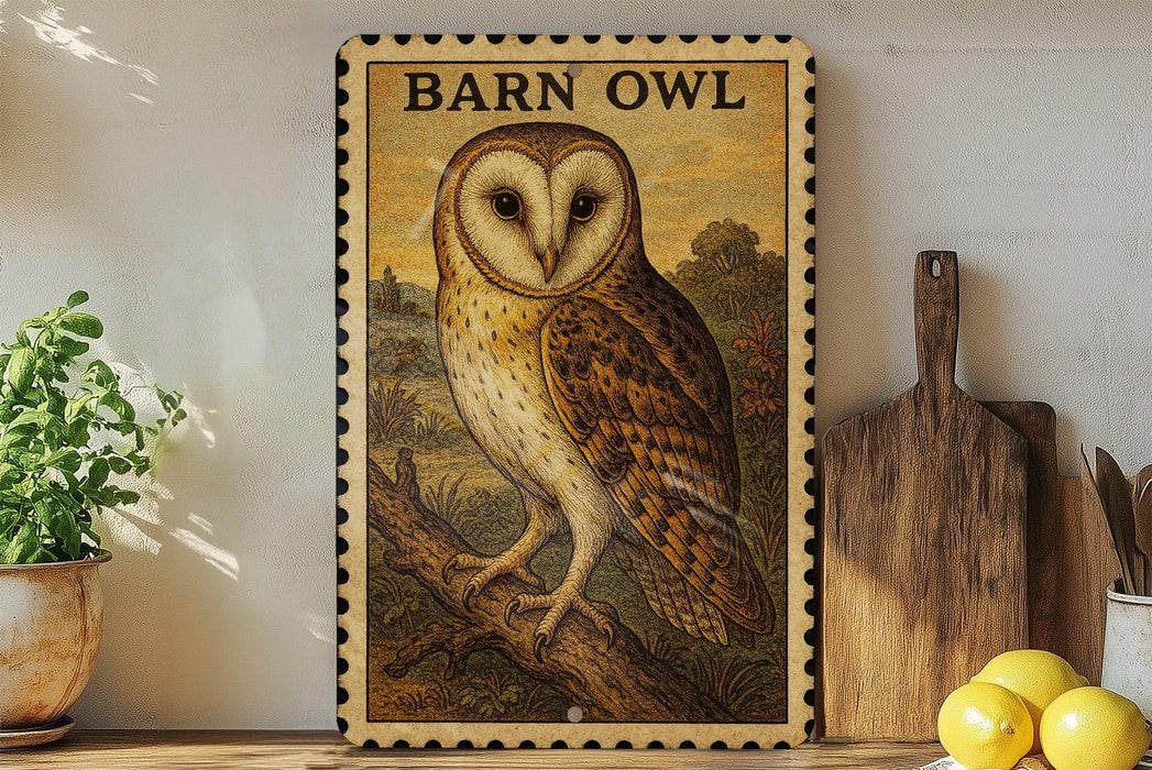 a framed illustration of a barn owl, a type of bird of prey, perched on a branch. The owl is depicted in a detailed and realistic manner, with its distinctive features such as its large eyes, pointed beak, and brown plumage clearly visible. The framed artwork is displayed on a shelf, surrounded by various kitchen utensils and decorative items, creating a cozy and homey atmosphere.