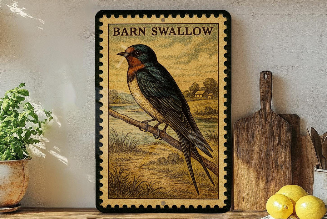 A framed illustration of a barn swallow perched on a branch, with a rural landscape in the background.