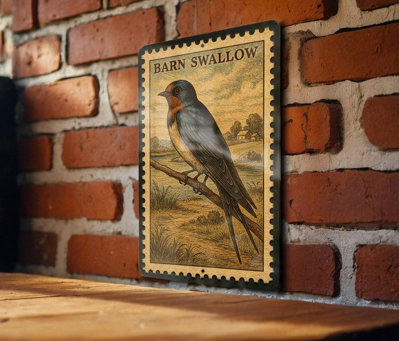 A framed illustration of a barn swallow is displayed on a brick wall, featuring a detailed illustration of the bird perched on a branch.