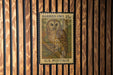 A U.S. postage stamp featuring a Barred Owl, which is a type of owl species, is displayed on a wooden background.