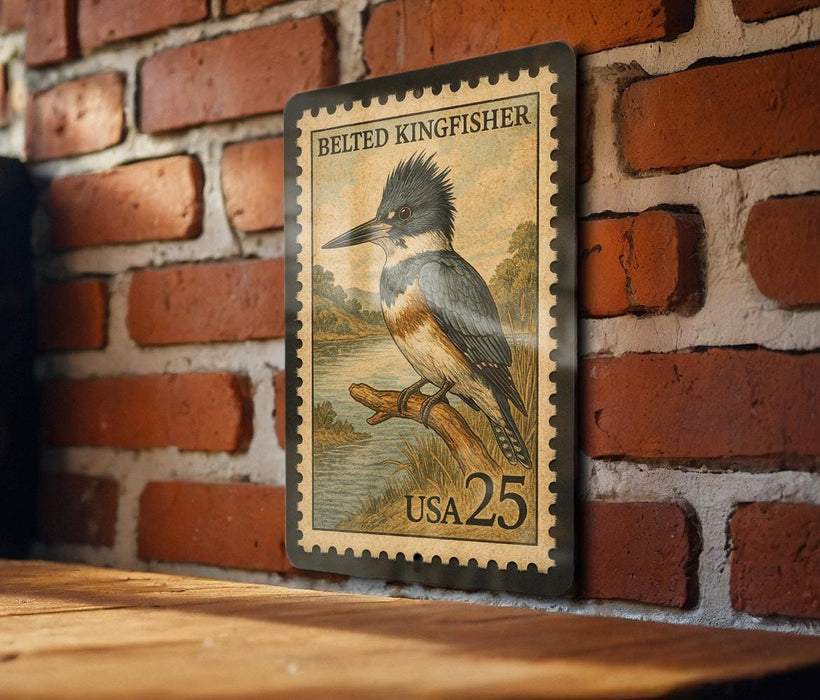 A vintage-style postage stamp featuring a colorful illustration of a kingfisher bird, mounted on a brick wall.