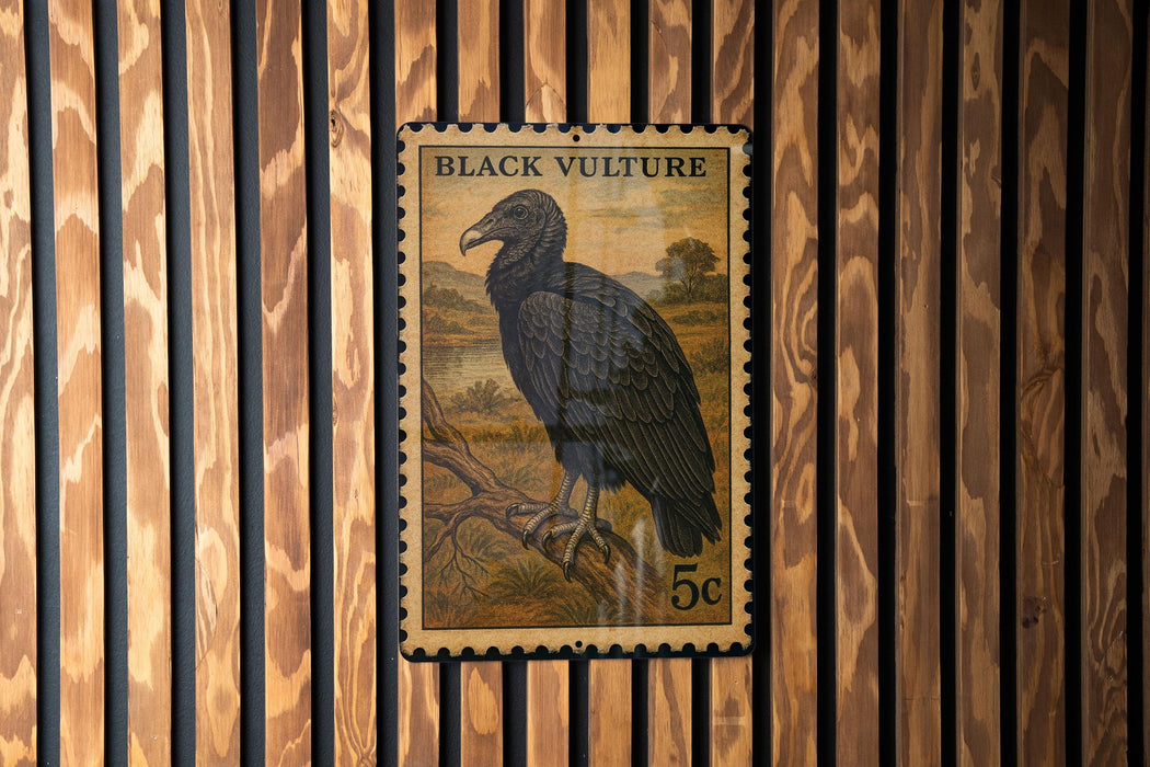 A postage stamp featuring a black vulture is displayed on a wooden wall.