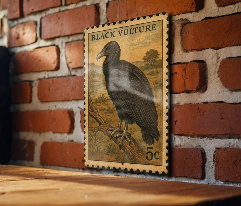 A vintage postage stamp featuring a black vulture is displayed on a brick wall.
