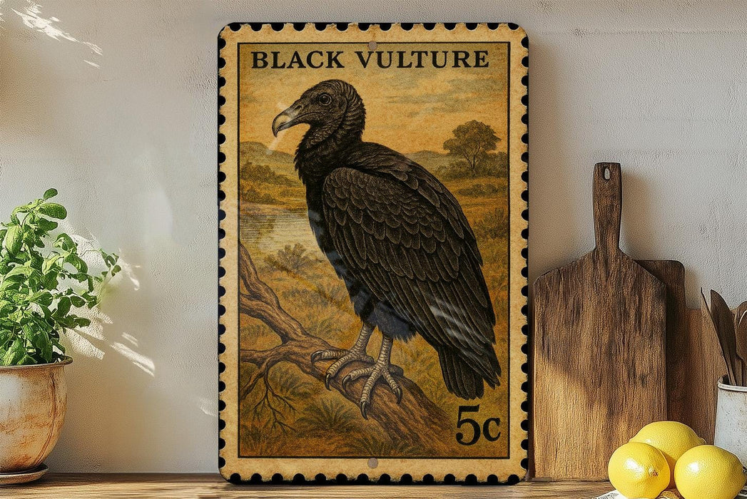 a framed stamp-like artwork depicting a black vulture perched on a branch, with a potted plant and a wooden cutting board visible in the background.