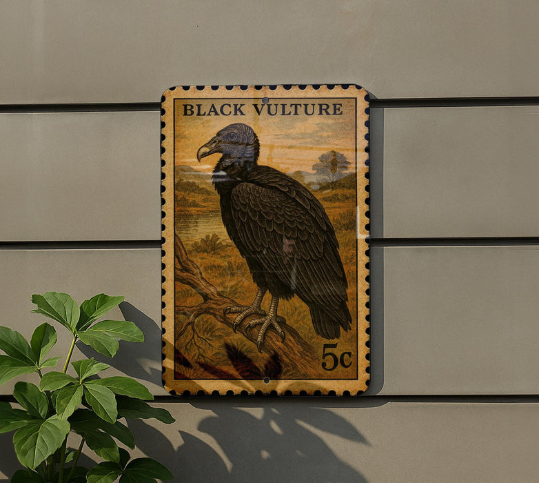 A postage stamp featuring a black vulture is displayed on a wall, with a plant visible to the left.