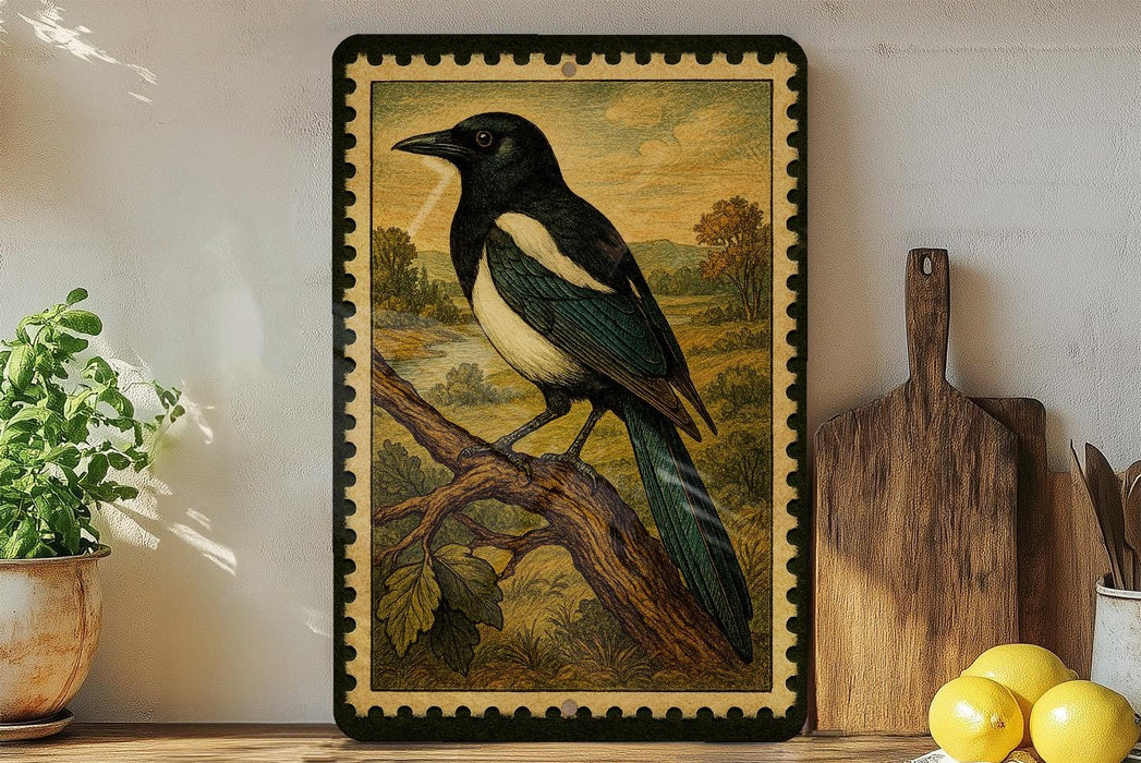 A framed painting of a black and white bird perched on a branch is displayed on a shelf, accompanied by a wooden cutting board, a potted plant, and a bowl of lemons.