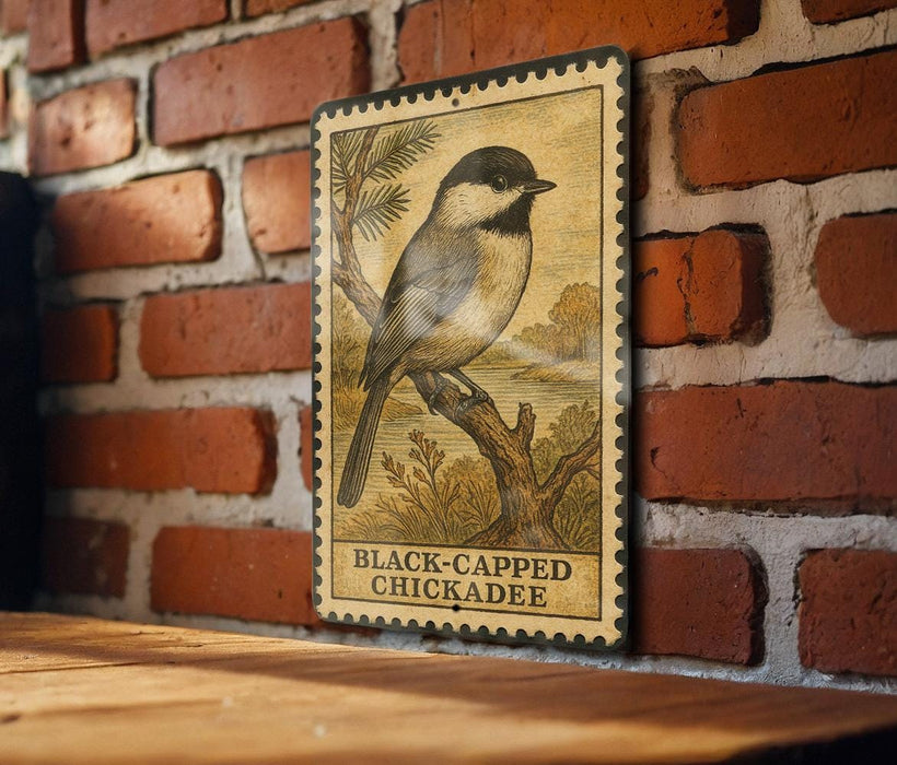 A framed illustration of a black-capped chickadee is displayed on a brick wall, with a wooden table below it.
