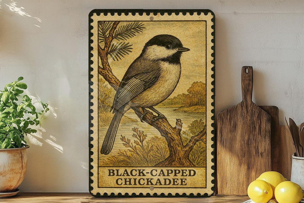 A framed illustration of a black-capped chickadee perched on a branch, with the text "BLACK-CAPPED CHICKADEE" below the image.