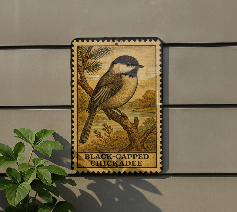 A decorative sign featuring a black-capped chickadee perched on a branch, with the text "BLACK-CAPPED CHICKADEE" below the illustration.