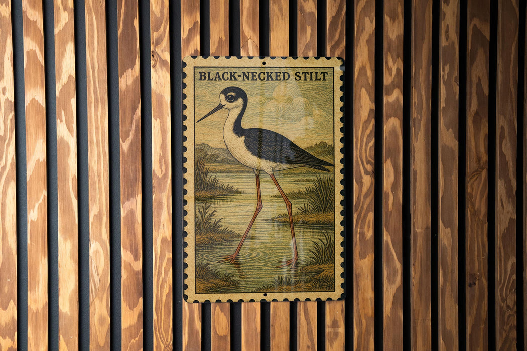 a large stamp-like illustration of a black-necked stilt standing on one leg in a pond, mounted on a wooden wall.