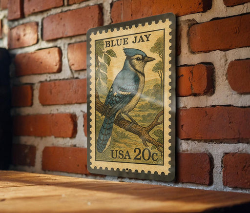 A vintage-style postage stamp featuring a blue jay perched on a branch, mounted on a brick wall.