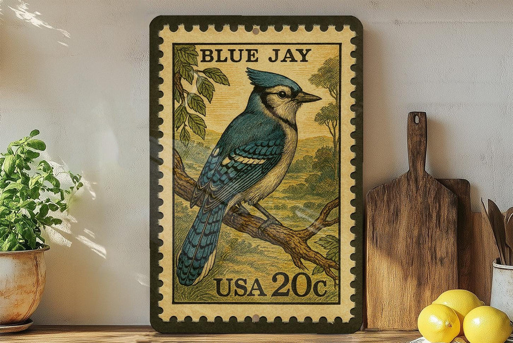 A framed postage stamp featuring a blue jay bird, with the text "BLUE JAY" and "USA 20¢" printed on it. The stamp is displayed on a shelf next to a wooden cutting board and some potted plants.
