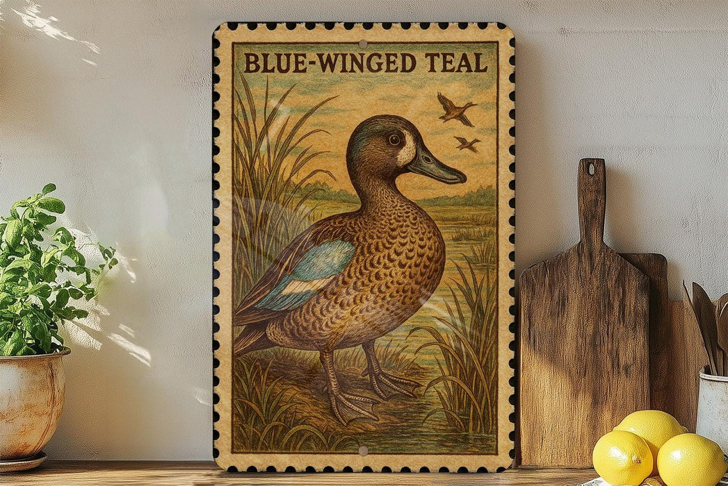 A framed illustration of a blue-winged teal duck is displayed on a shelf, surrounded by kitchen utensils and a potted plant.