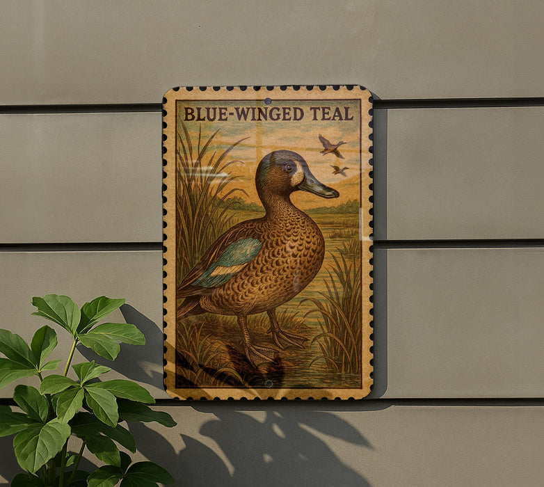 A framed illustration of a blue-winged teal duck is displayed on a wall, with a plant to the left.