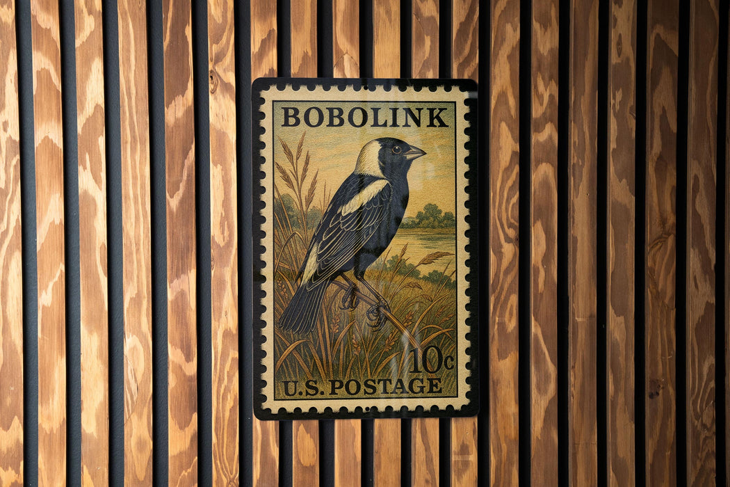 A U.S. postage stamp featuring a black and white bird perched on a grassy field, with the text "BOBOLINK 10¢ U.S. POSTAGE" printed on it.