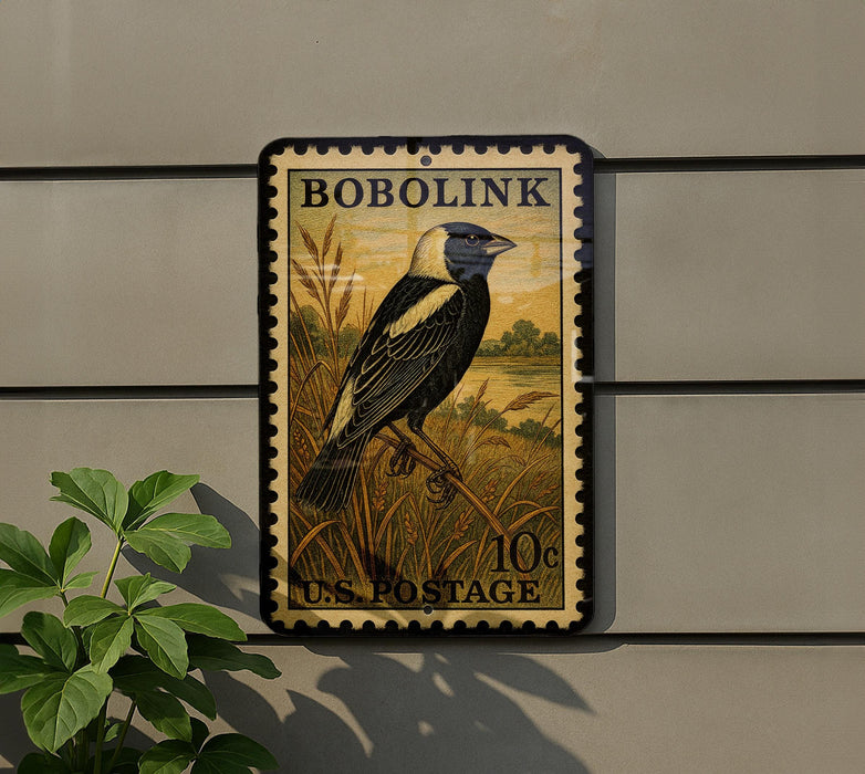A postage stamp featuring a black and white bird, likely a Bobolink, is displayed on a wall.