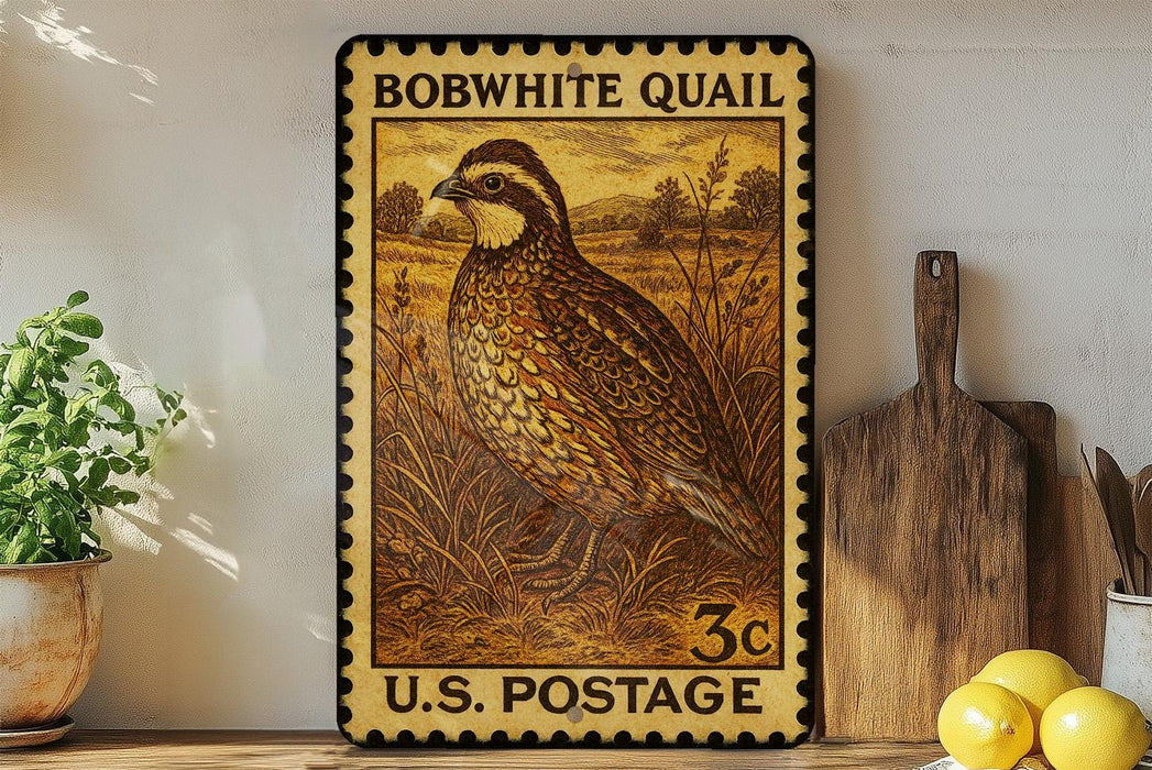 A framed vintage U.S. postage stamp depicting a quail bird, with a wooden cutting board and lemons visible in the background.