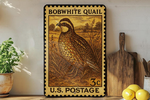 A framed vintage U.S. postage stamp depicting a quail bird, with a wooden cutting board and lemons visible in the background.