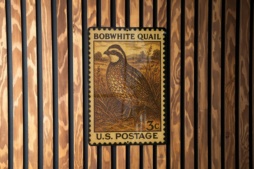 A vintage Bobwhite Quail postage stamp is displayed on a wooden wall.