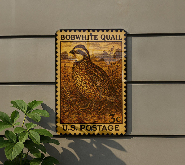 A vintage Bobwhite Quail postage stamp is displayed on a wall, featuring a detailed illustration of the bird in a field.