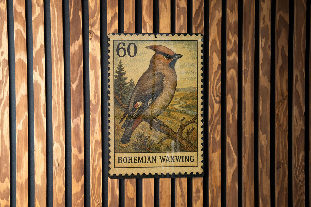 A postage stamp featuring a bohemian waxwing bird, which is hanging on a wooden wall.