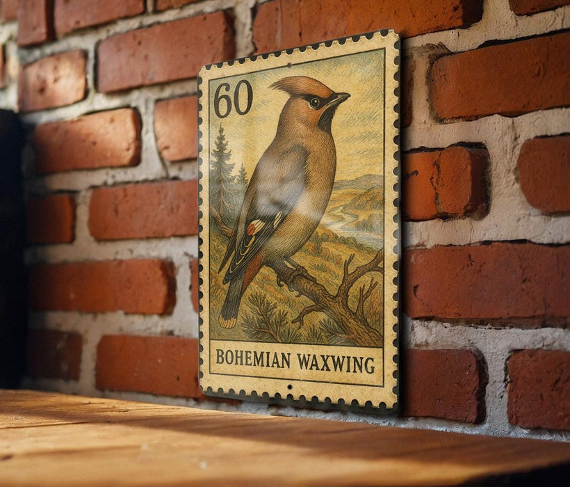 A vintage postage stamp featuring a wooded bird, likely a Bohemian Waxwing, is displayed on a brick wall.
