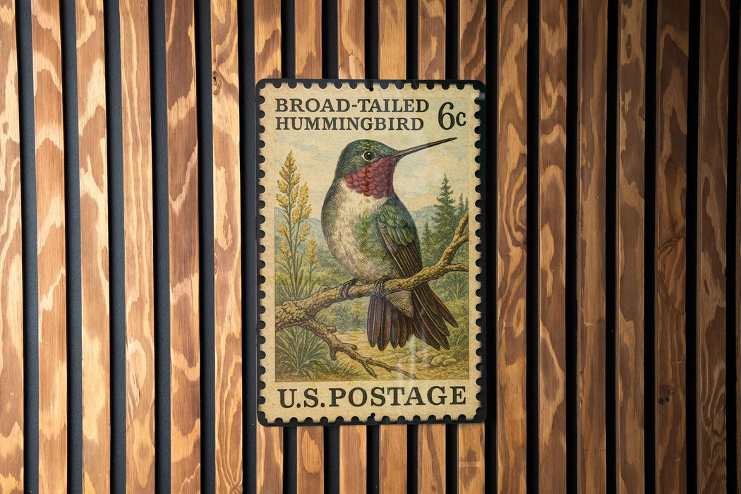 A vintage U.S. postage stamp featuring a colorful illustration of a broad-tailed hummingbird perched on a branch.