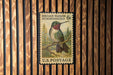 A vintage U.S. postage stamp featuring a colorful illustration of a broad-tailed hummingbird perched on a branch.