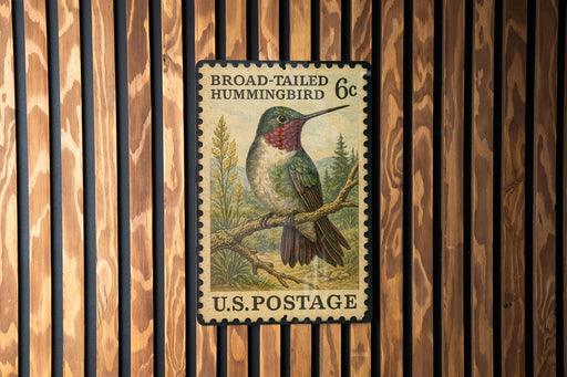 A vintage U.S. postage stamp featuring a colorful illustration of a broad-tailed hummingbird perched on a branch.