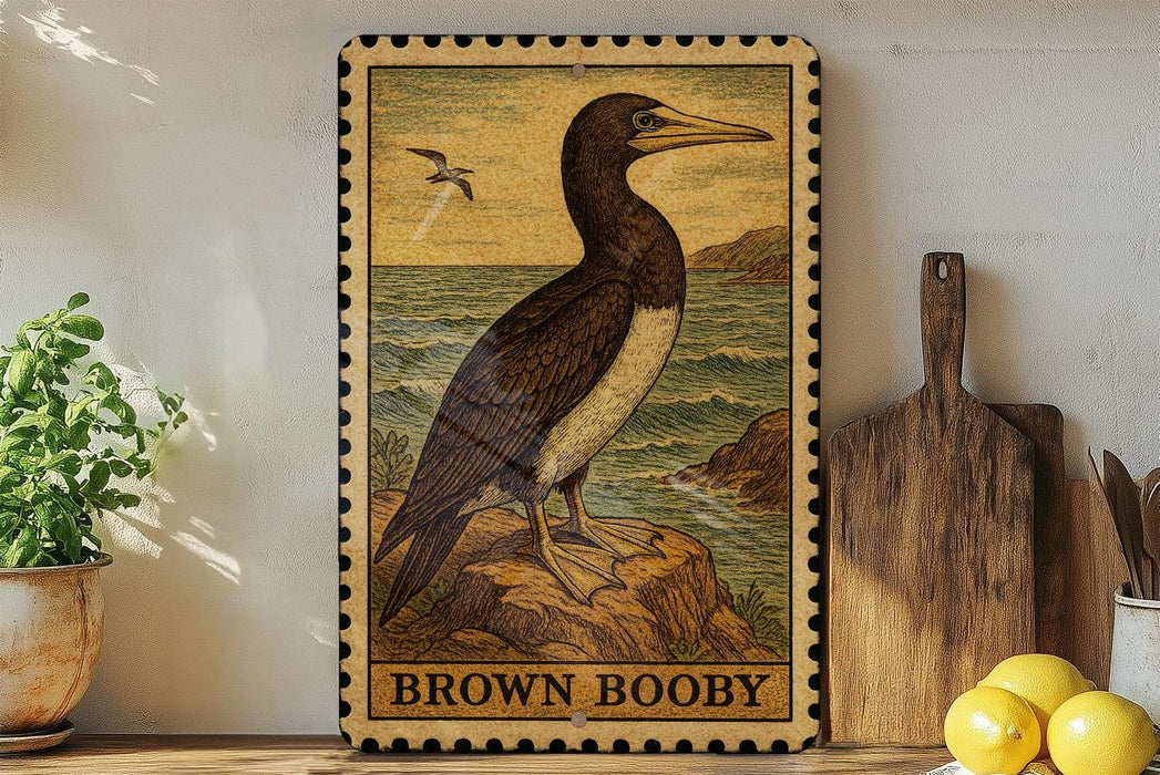 a framed illustration of a brown booby bird, which is perched on a rock near the ocean. The framed artwork is displayed on a shelf, surrounded by various kitchen utensils and decorative items.