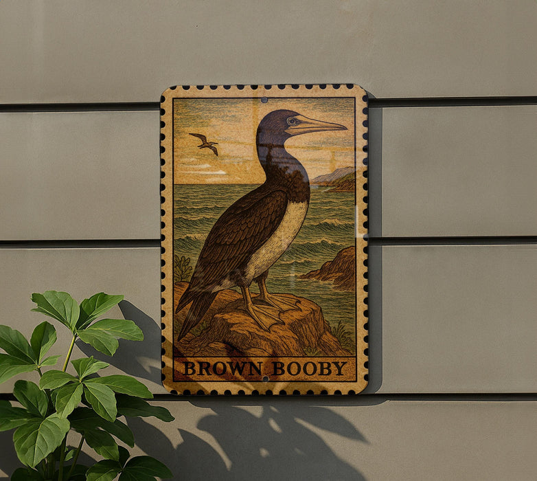 a wooden sign with a bird illustration, mounted on a wall.