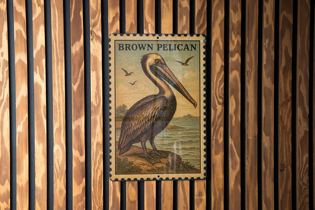 A framed image of a pelican is displayed on a wooden wall.