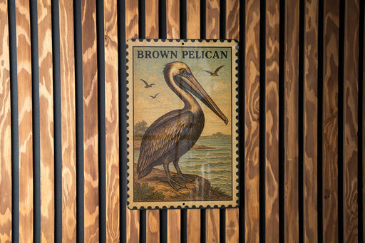 A framed image of a pelican is displayed on a wooden wall.