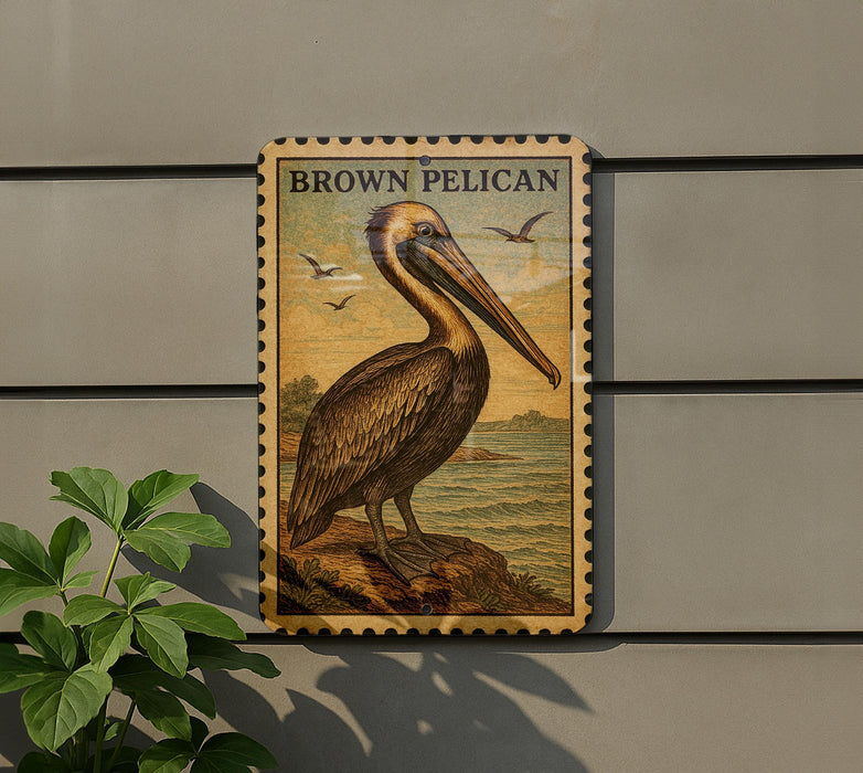 a large pelican with a long beak, standing on a rock and overlooking the ocean.
