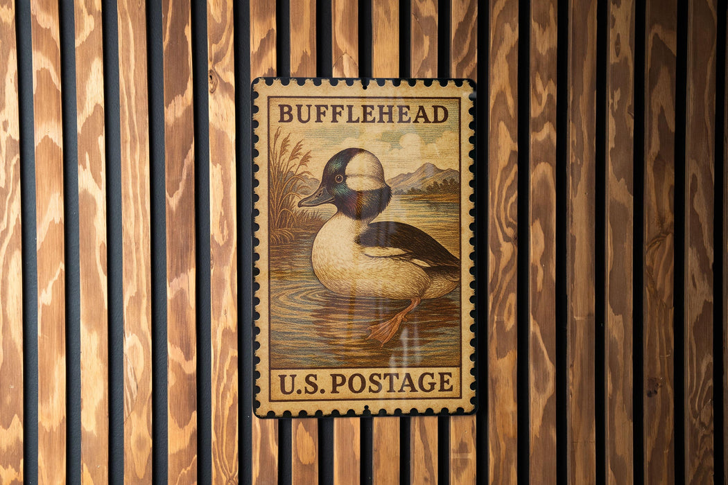 A vintage-style postage stamp featuring a duck is displayed on a wooden wall.