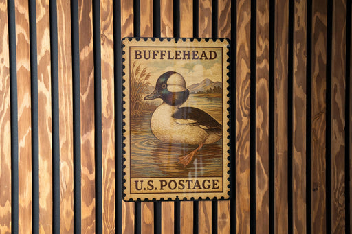 A vintage-style postage stamp featuring a duck is displayed on a wooden wall.