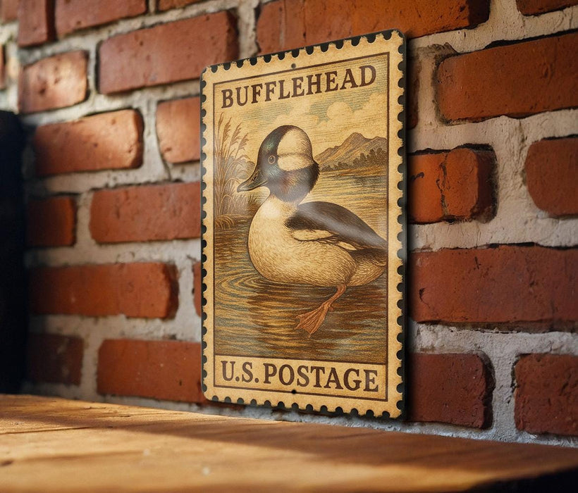 A vintage-style postage stamp featuring a duck on a brick wall, with the text "BUFFLEHEAD U.S. POSTAGE" printed on it.