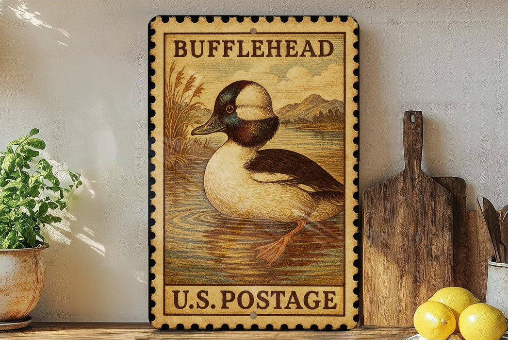 A vintage-style metal stamp depicting a duck, with the text "BUFFLEHEAD U.S. POSTAGE" printed on it. The stamp is placed on a shelf next to a wooden cutting board and a potted plant.