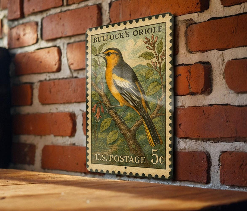 A vintage U.S. postage stamp featuring a colorful illustration of a bird perched on a branch, mounted on a brick wall.